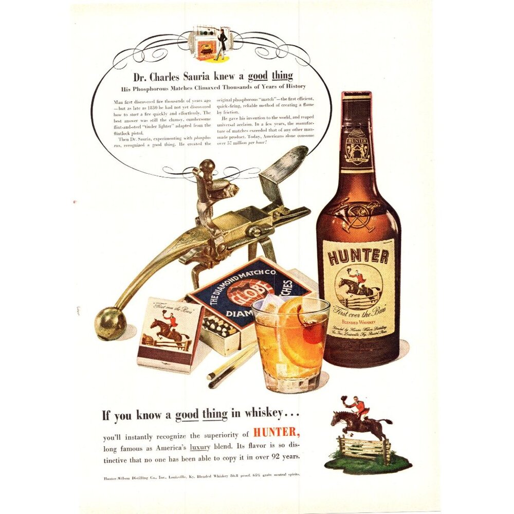 1952 Hunter Kentucky Whiskey Vintage Print Ad Paper Matchbook Matches WalL Art